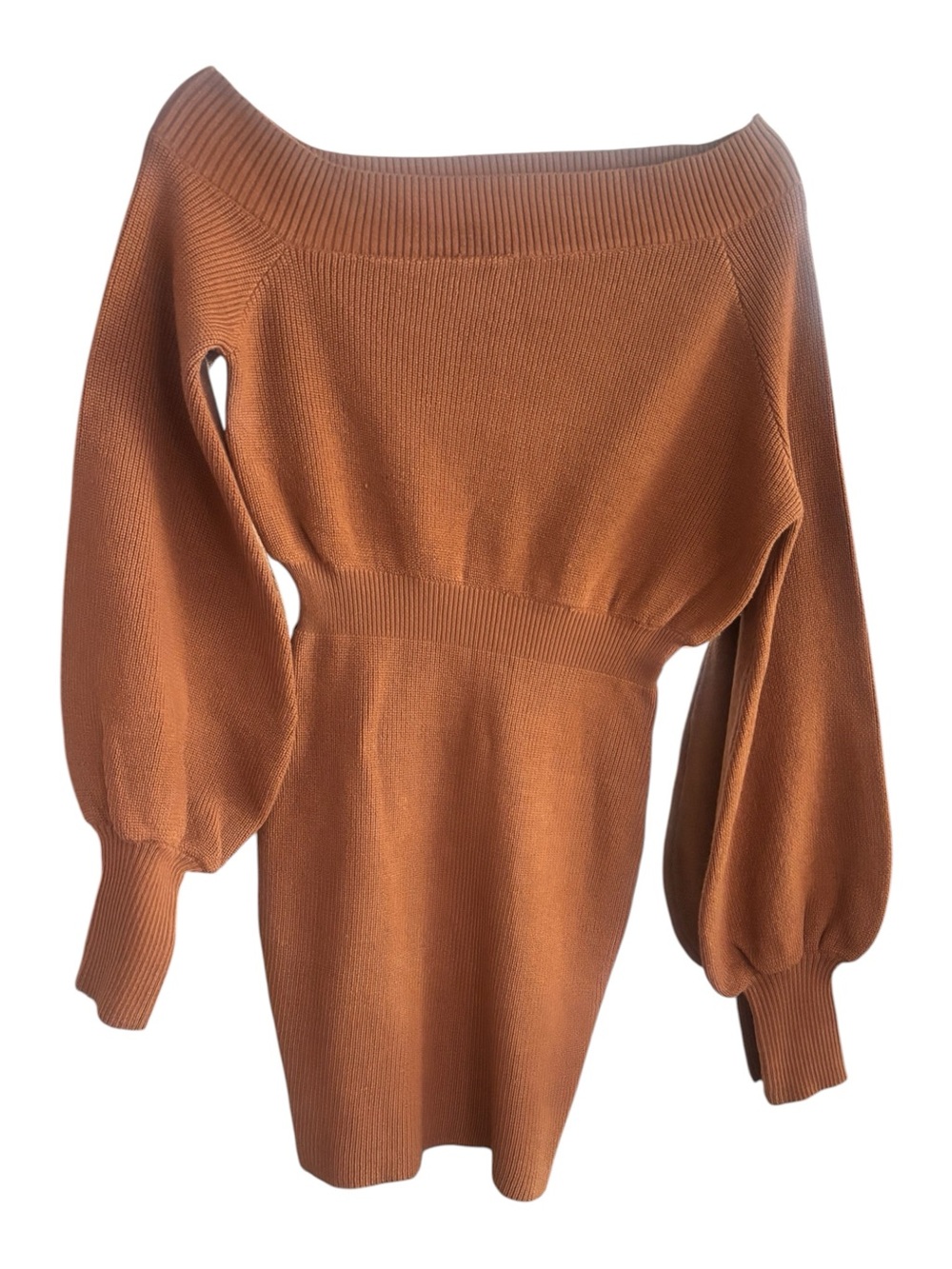 Fashion Nova Off-Shoulder Balloon Sleeve Sweater Dress - Rust Orange